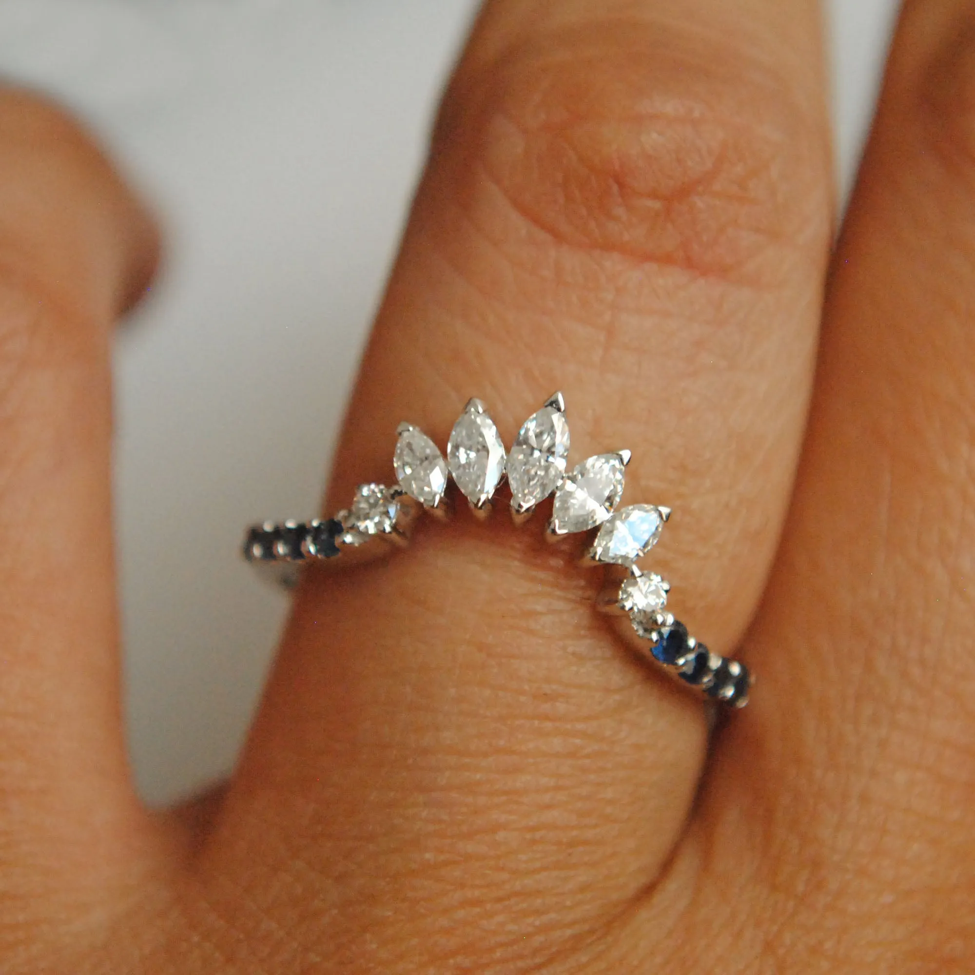 Marquis Diamond and Blue Sapphire Curved Stacking Ring