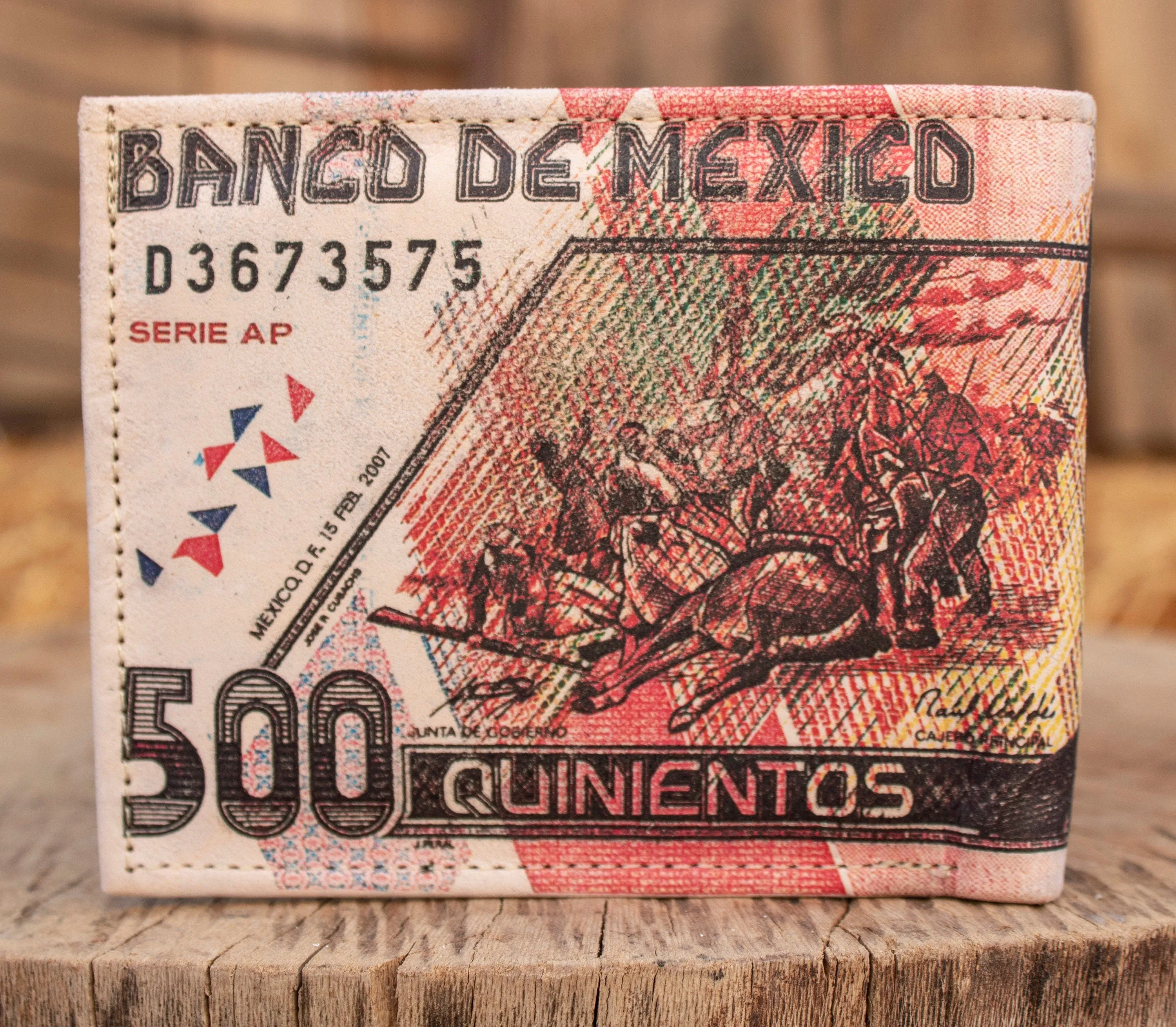 MEXICO 500 PESOS bill Mexican LEATHER laser printed  bi-fold wallet