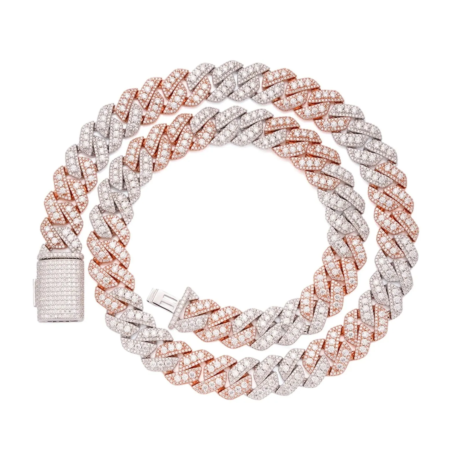 Miami Cuban Link Chain MOISSANITE 14mm 925 Silver 2 Tone Rose Gold