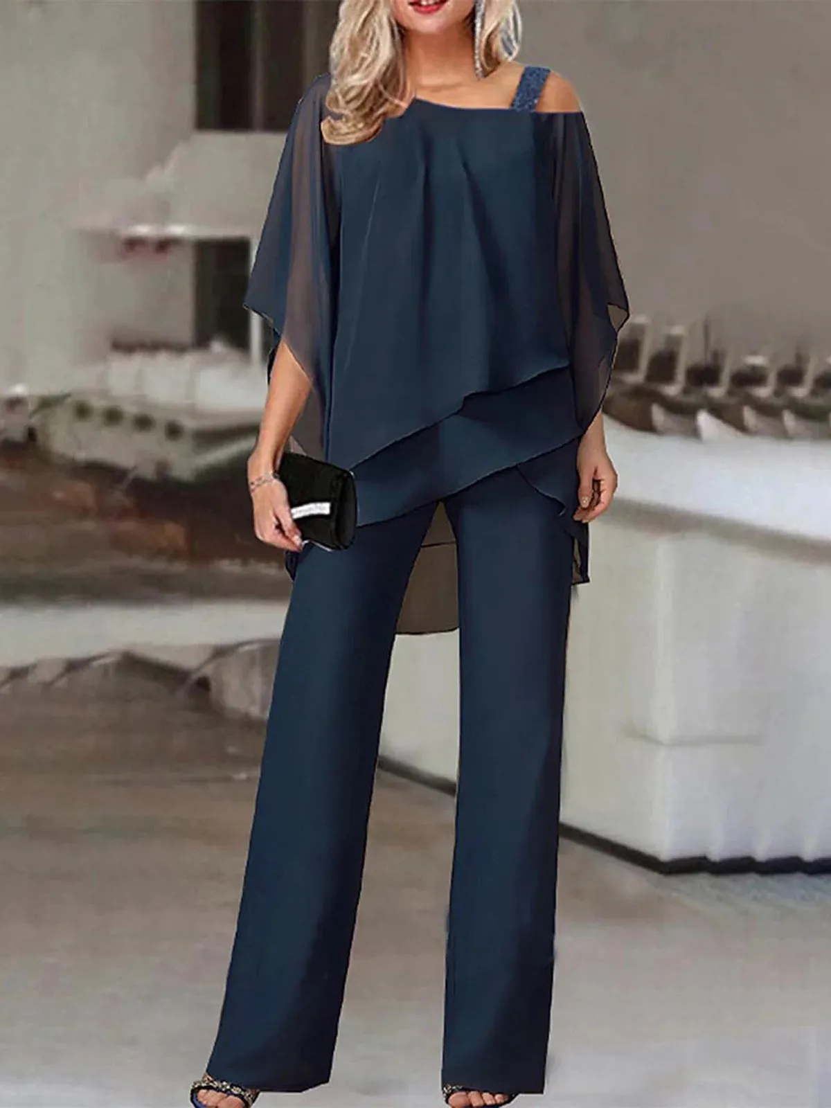 NEW Navy Cold Shoulder Ruffled Tiered Top and Pants Two Piece Set - Sz XL - Retails $104 
