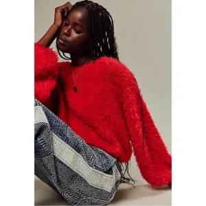 NWT Free People Red Fuzzy Pop Star Cropped Sweater