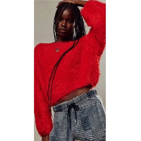 NWT Free People Red Fuzzy Pop Star Cropped Sweater