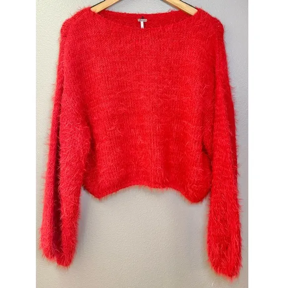 NWT Free People Red Fuzzy Pop Star Cropped Sweater