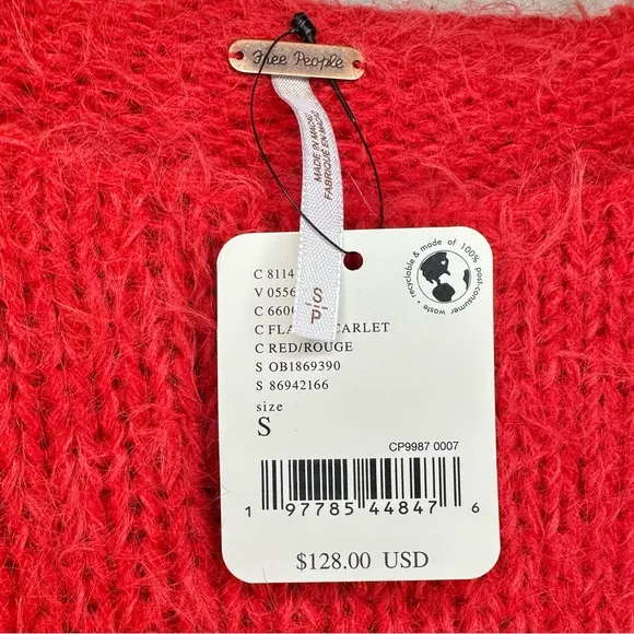 NWT Free People Red Fuzzy Pop Star Cropped Sweater