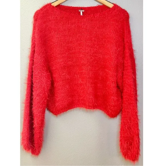NWT Free People Red Fuzzy Pop Star Cropped Sweater
