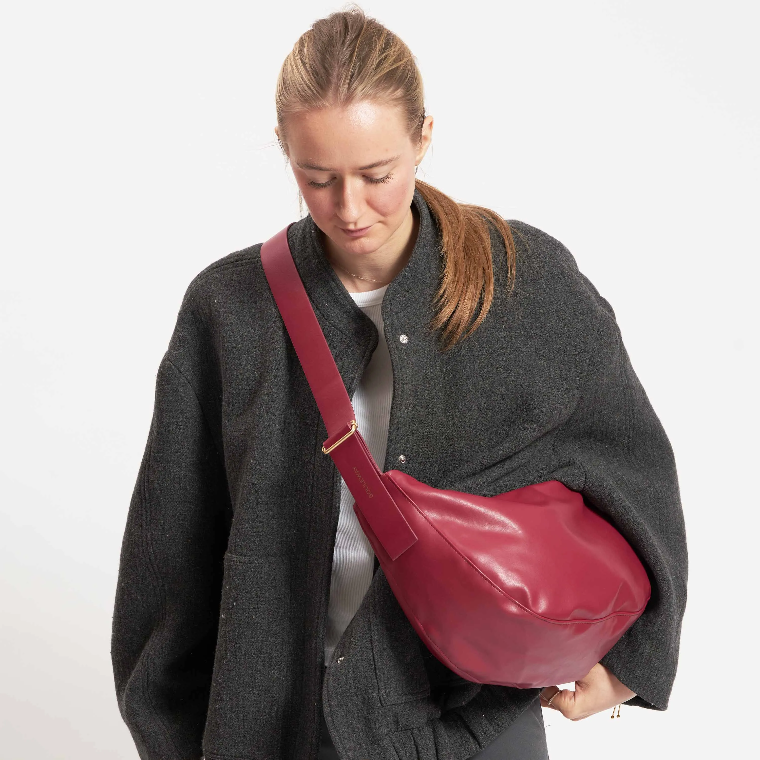 Oleatex Vegan Olive Leather Half Moon Bag | Cherry Red
