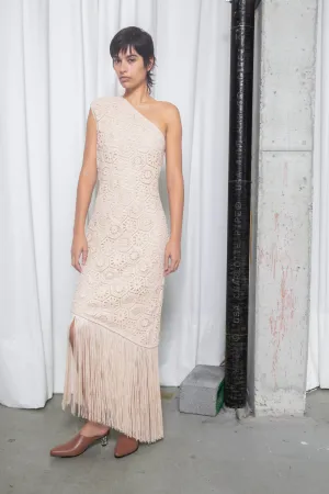 One Shoulder Crochet Fringe Dress - Ecru