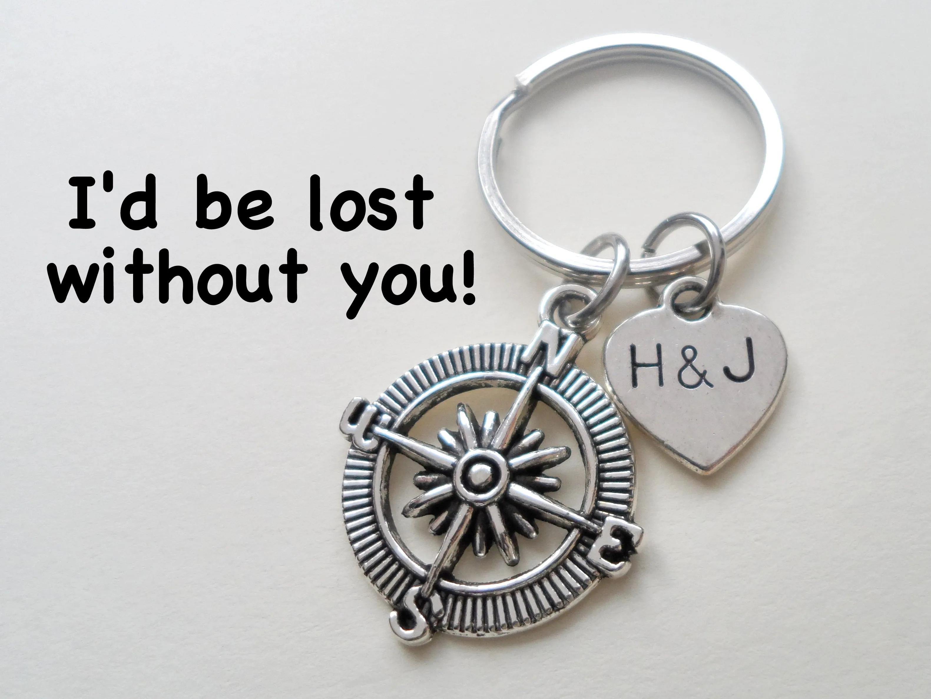 Open Metal Compass Keychain - I'd Be Lost Without You; Couples Keychain