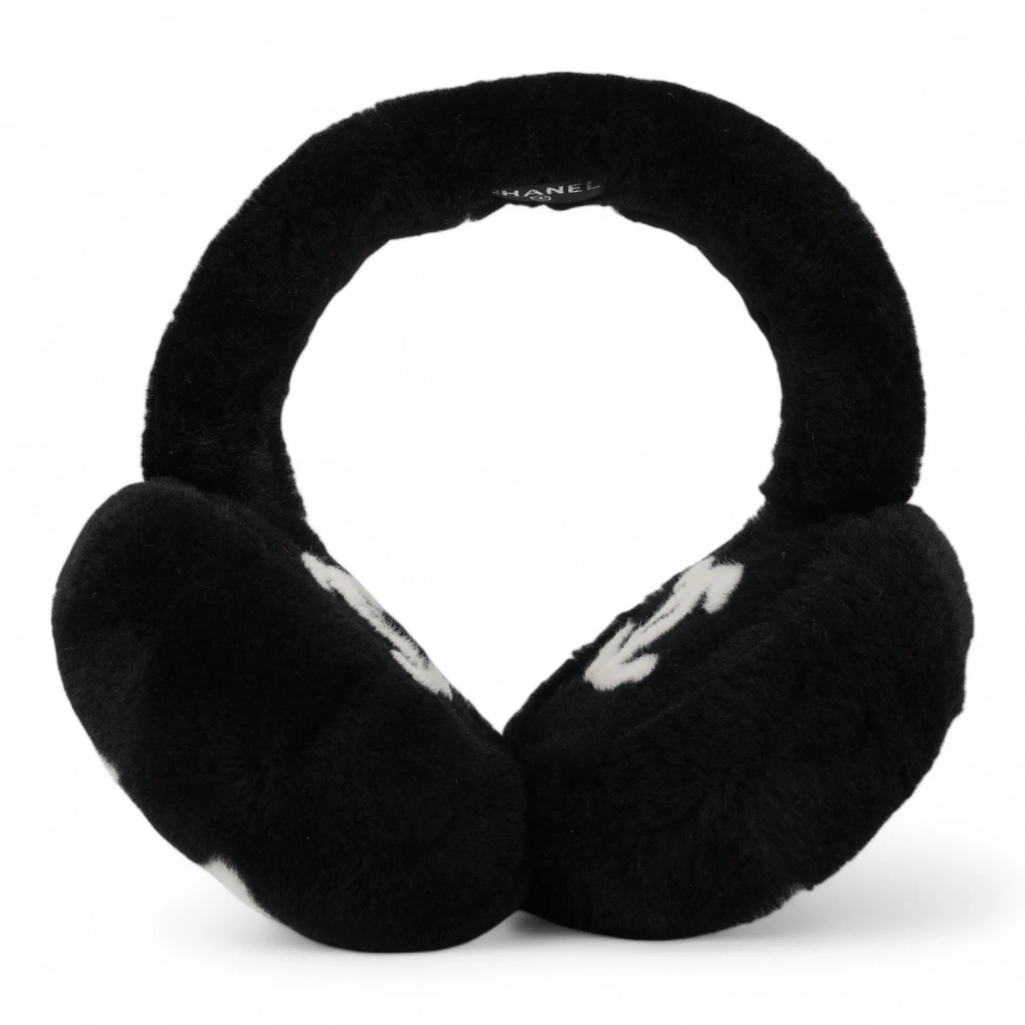 Oversized CC Foldable Earmuffs Black White Shearling