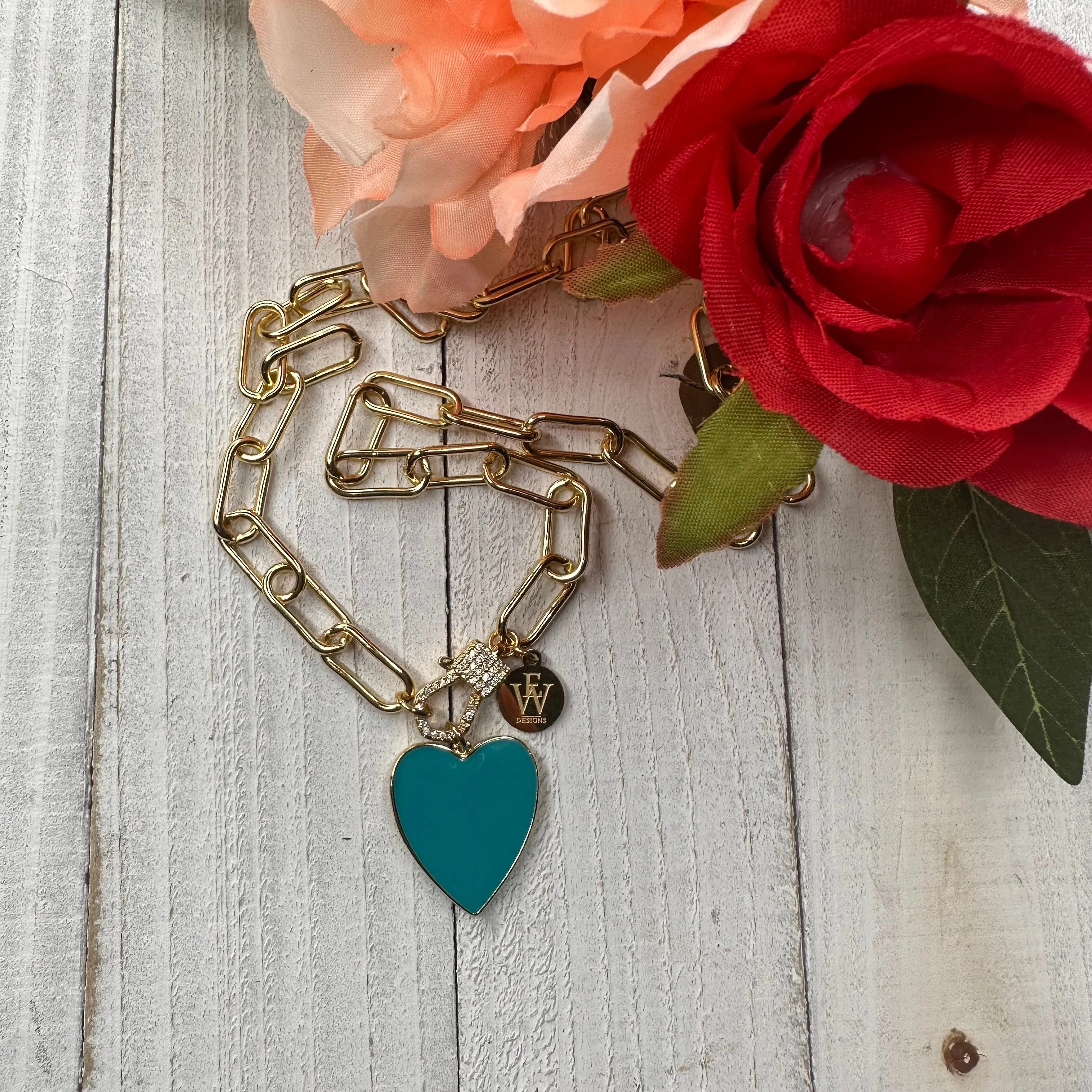 Paper Clip Chain Necklace with Enameled Heart Pendant 300-10 |  Erika Williner Designs