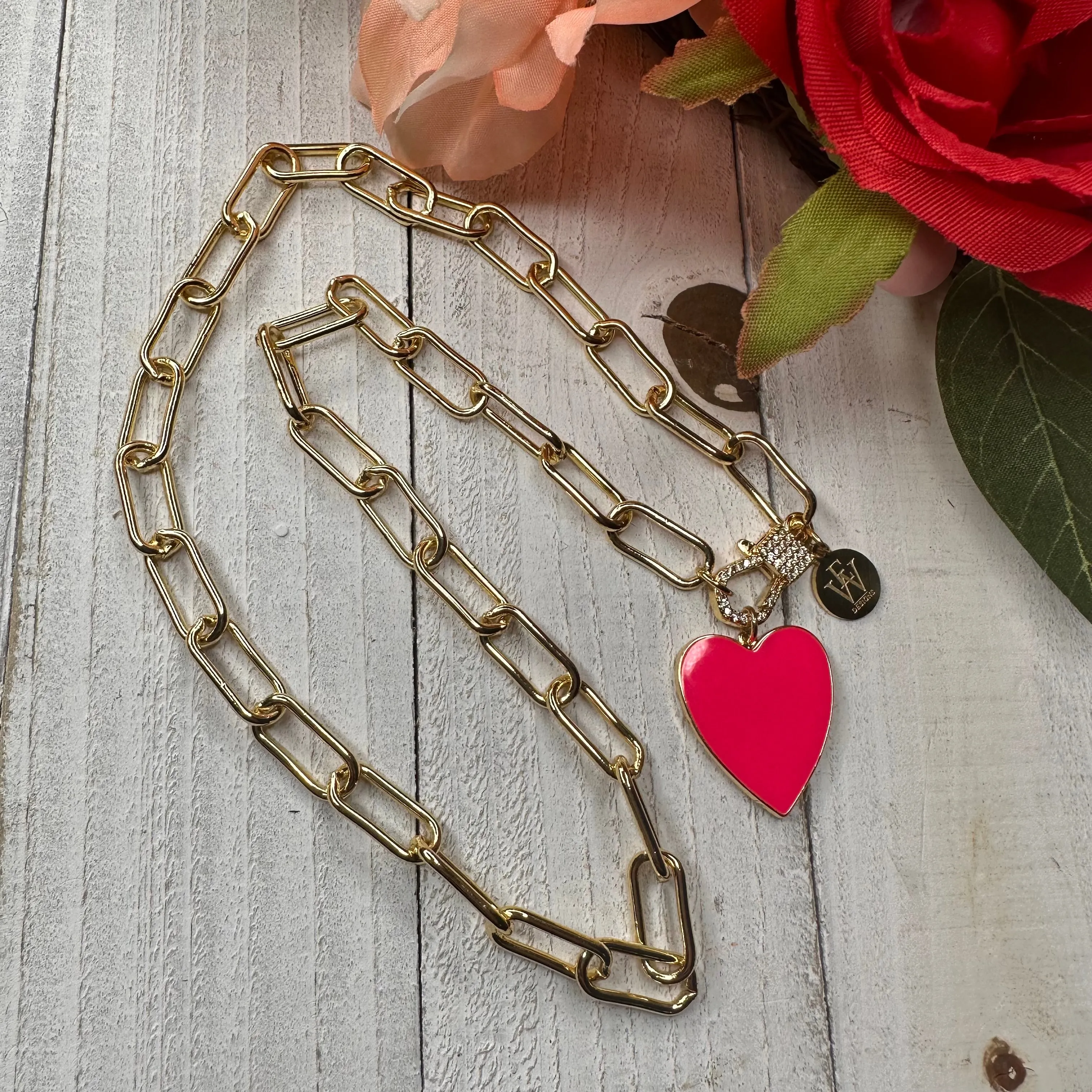 Paper Clip Chain Necklace with Enameled Heart Pendant 300-10 |  Erika Williner Designs