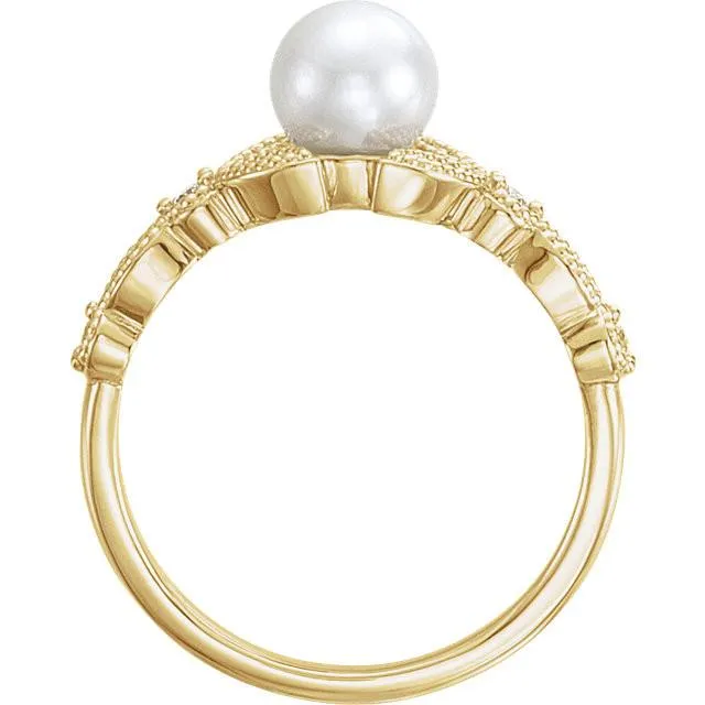 Pearl & 1/8 CTW Diamond Leaf Ring - 14k Gold (Y, W or R), Platinum, Sterling Silver