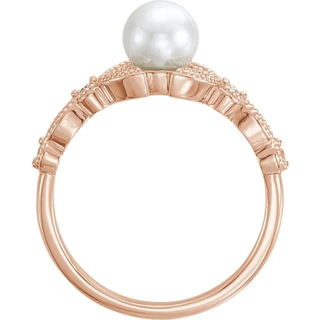 Pearl & 1/8 CTW Diamond Leaf Ring - 14k Gold (Y, W or R), Platinum, Sterling Silver