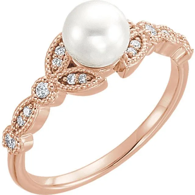 Pearl & 1/8 CTW Diamond Leaf Ring - 14k Gold (Y, W or R), Platinum, Sterling Silver