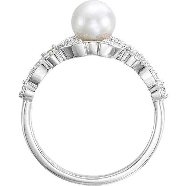 Pearl & 1/8 CTW Diamond Leaf Ring - 14k Gold (Y, W or R), Platinum, Sterling Silver