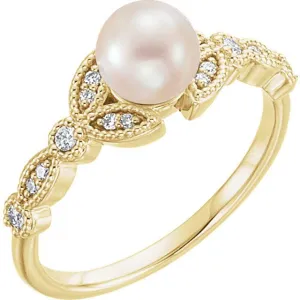Pearl & 1/8 CTW Diamond Leaf Ring - 14k Gold (Y, W or R), Platinum, Sterling Silver