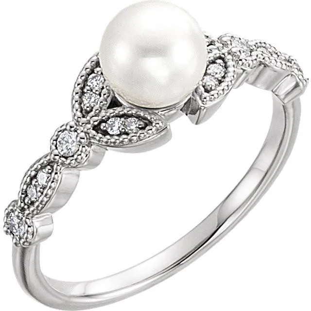 Pearl & 1/8 CTW Diamond Leaf Ring - 14k Gold (Y, W or R), Platinum, Sterling Silver