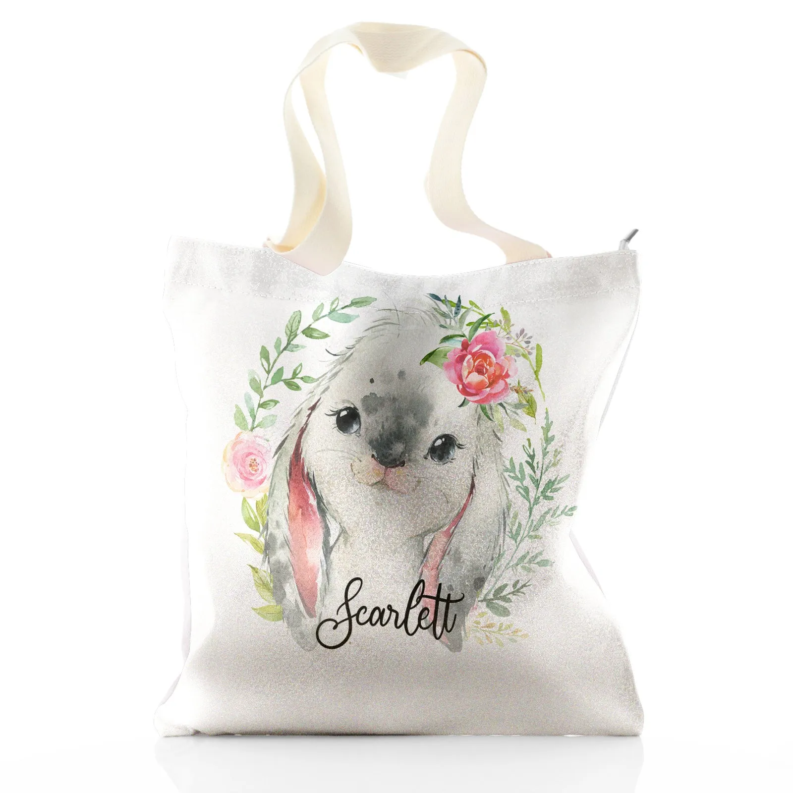 Personalised Glitter Tote Bag with Grey Rabbit Flower Wreath and Cute Text