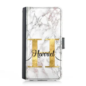 Personalised iPhone Leather Case - White Speckle Marble and Gold Initial/Name