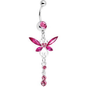 Pink Gem Butterfly Dangle Belly Ring