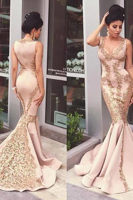 Pink Lace-Appliques Mermaid Sleeveless Prom Dresses