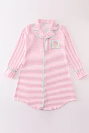 Pink Stripe Christmas Santa Claus Embroidery Women Gown