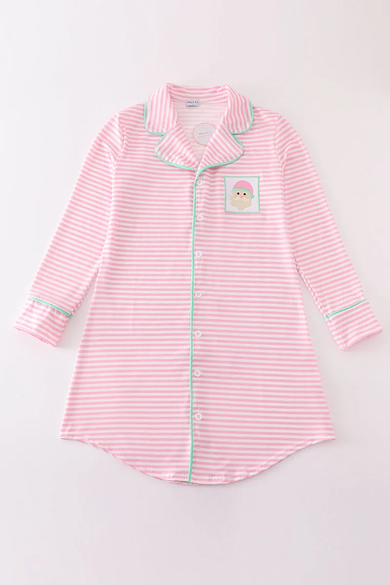 Pink Stripe Christmas Santa Claus Embroidery Women Gown