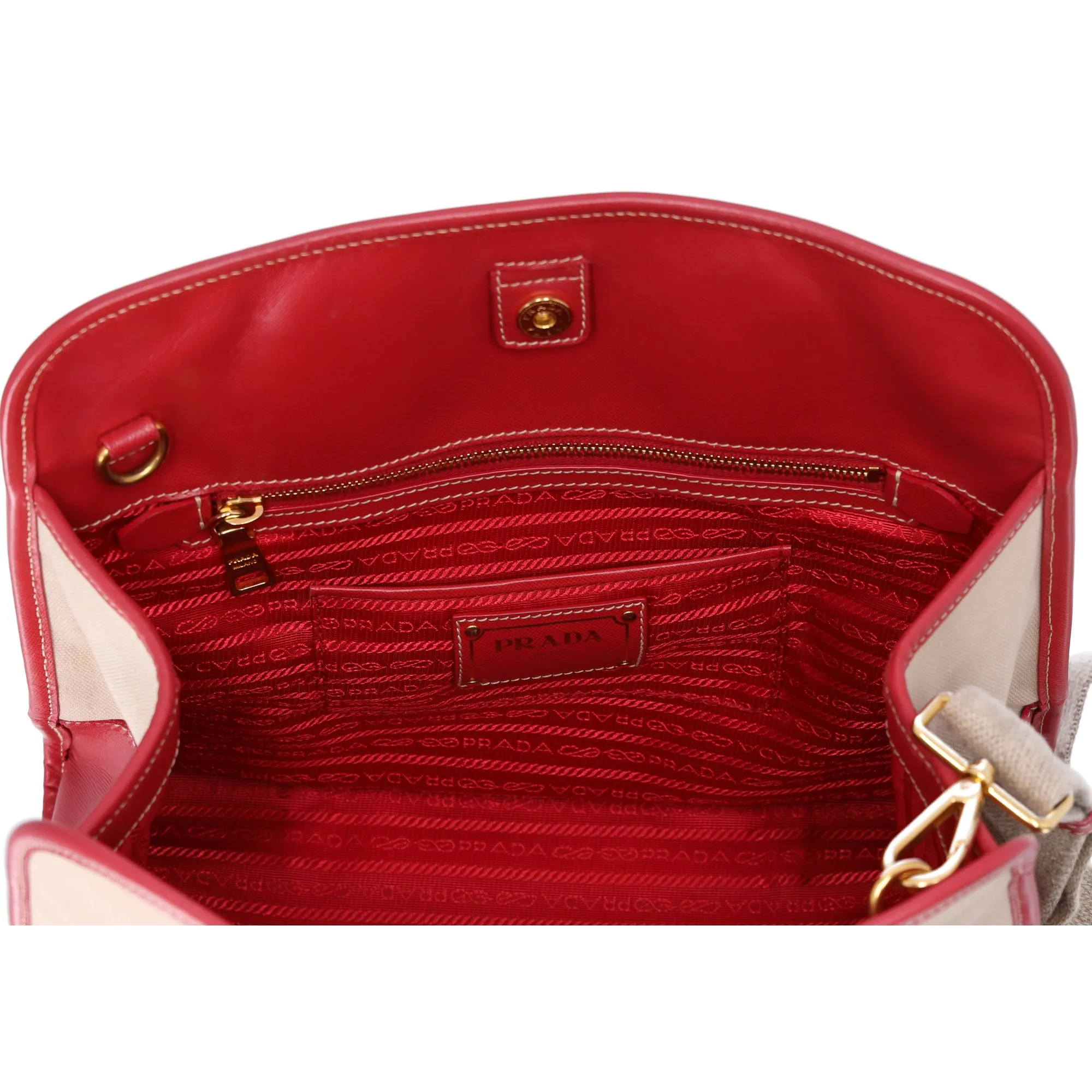 PRADA Triangle Logo Tote Bag BN2254 Tan Red Canvas Leather