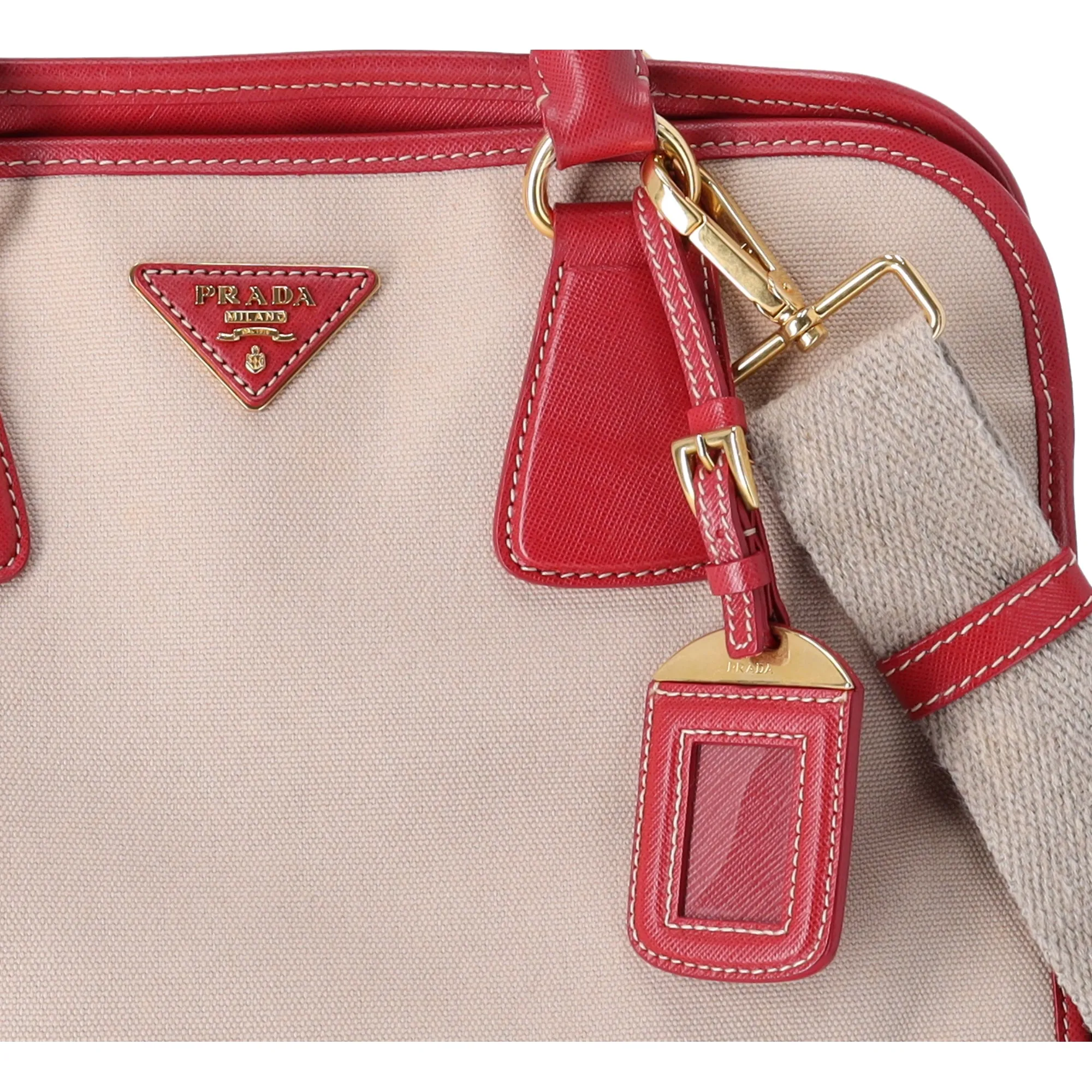 PRADA Triangle Logo Tote Bag BN2254 Tan Red Canvas Leather
