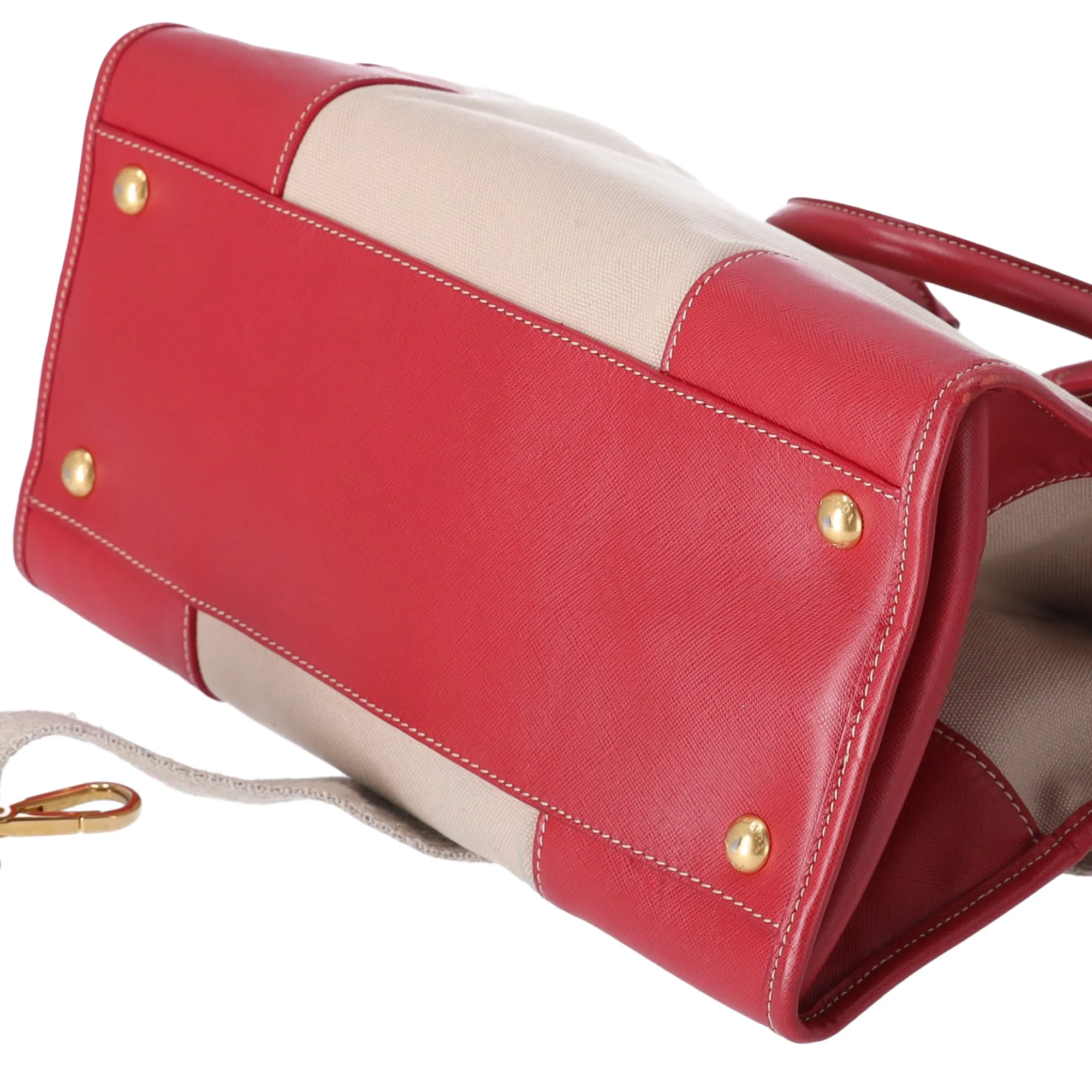 PRADA Triangle Logo Tote Bag BN2254 Tan Red Canvas Leather