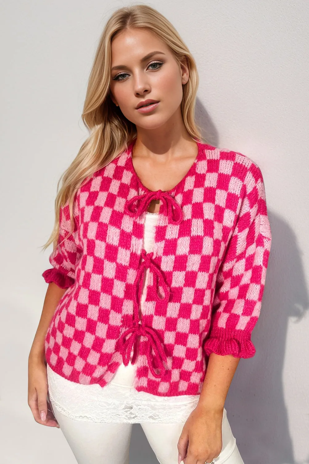 PREORDER Tied Checkered Dropped Shoulder Flounce Sleeve Cardigan 6 colors