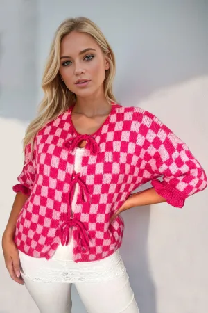 PREORDER Tied Checkered Dropped Shoulder Flounce Sleeve Cardigan 6 colors