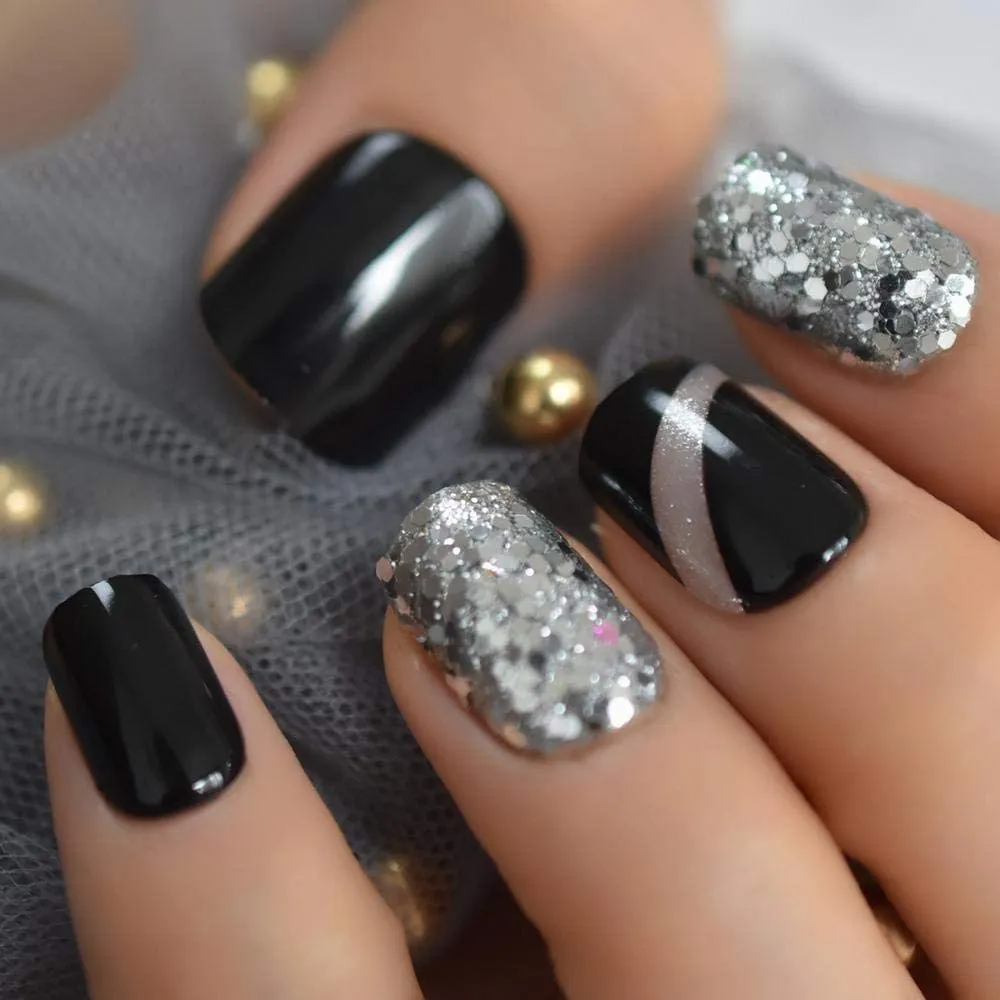 Press On Nails Black Glossy Round Silver Glitter Nail Kit