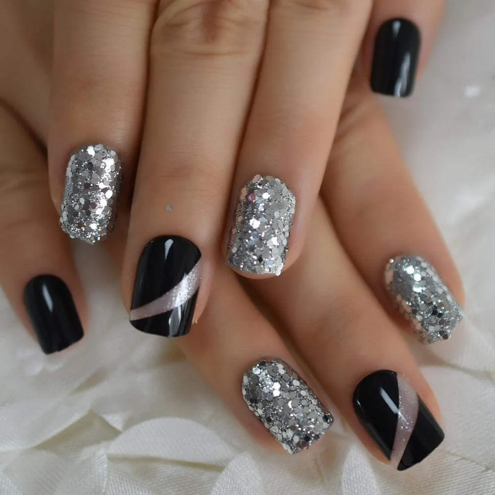 Press On Nails Black Glossy Round Silver Glitter Nail Kit