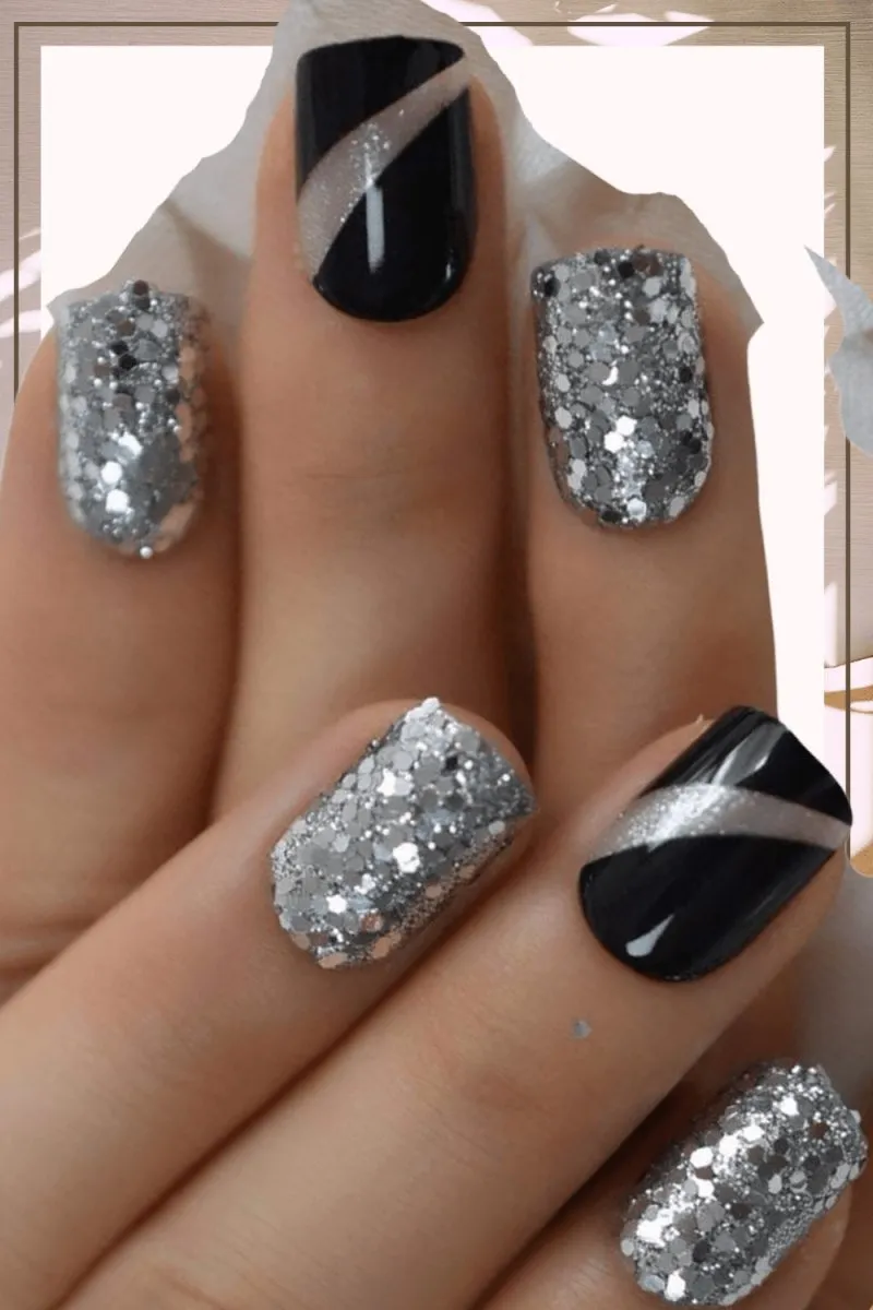 Press On Nails Black Glossy Round Silver Glitter Nail Kit