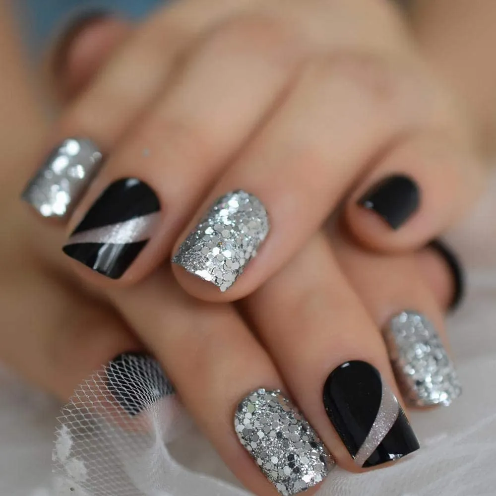 Press On Nails Black Glossy Round Silver Glitter Nail Kit