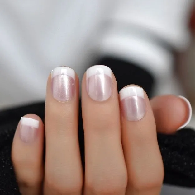 Press On Nails Pink Glossy White French Coffin Nail Kit
