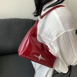 PU Leather Mirror Handbag, Y2K Crescent Handbag, Trendy Chain Crossbody Bag For Women