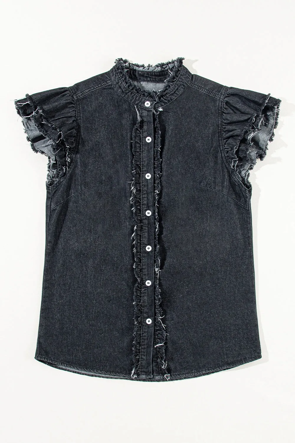 Raw Hem Button Up Cap Sleeve Denim Top