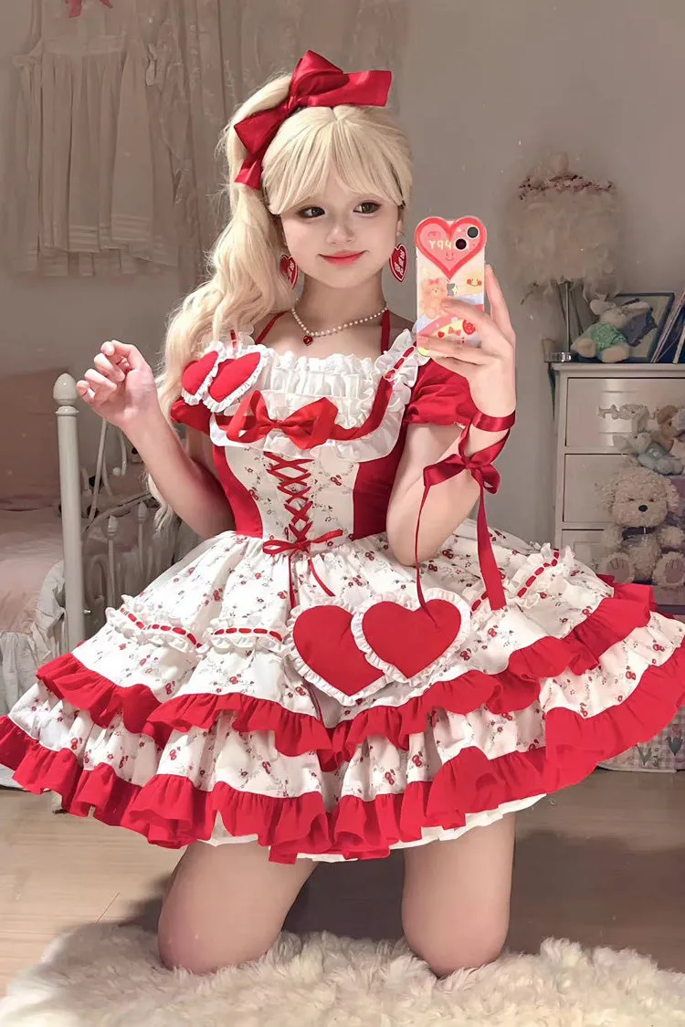 Red Double-Layered Floral Print Ruffle Bowknot Sweet Lolita Dress