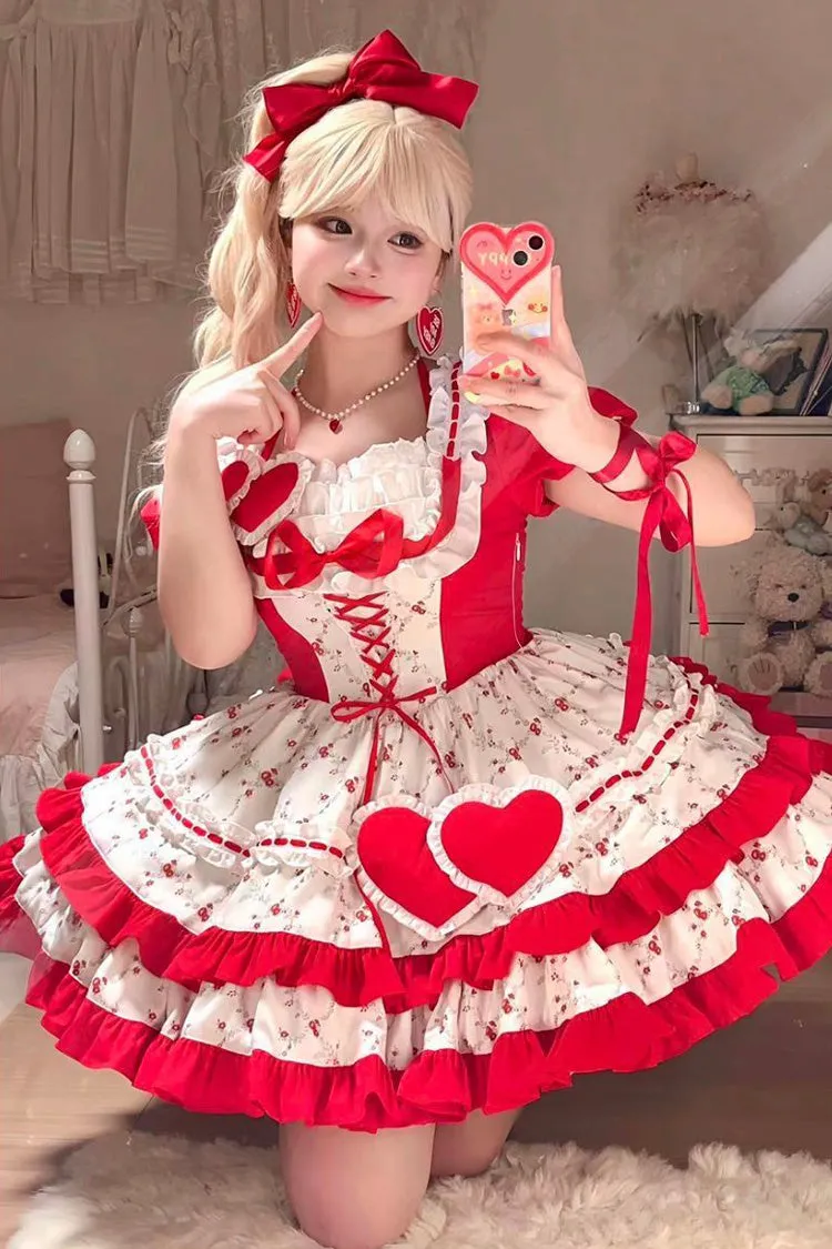 Red Double-Layered Floral Print Ruffle Bowknot Sweet Lolita Dress