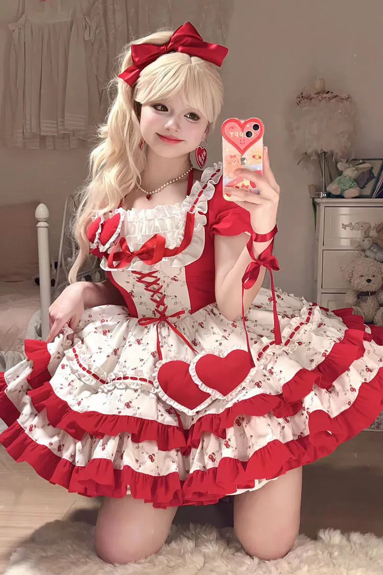 Red Double-Layered Floral Print Ruffle Bowknot Sweet Lolita Dress