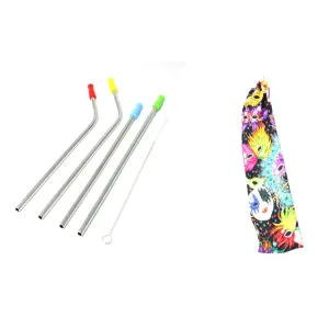 Reusable Stainless Steel Straws, w/Mardi Gras Mask fabric Bag & Brush