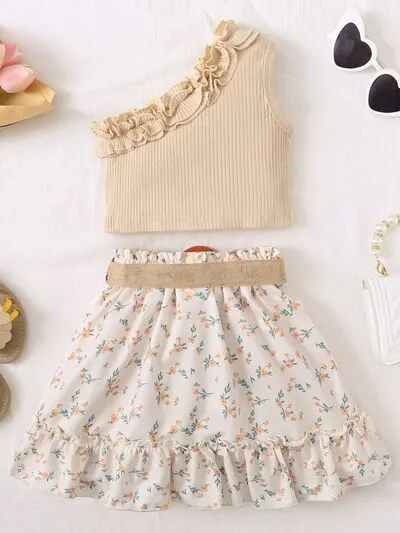 Single Shoulder Top and Printed Skirt Set