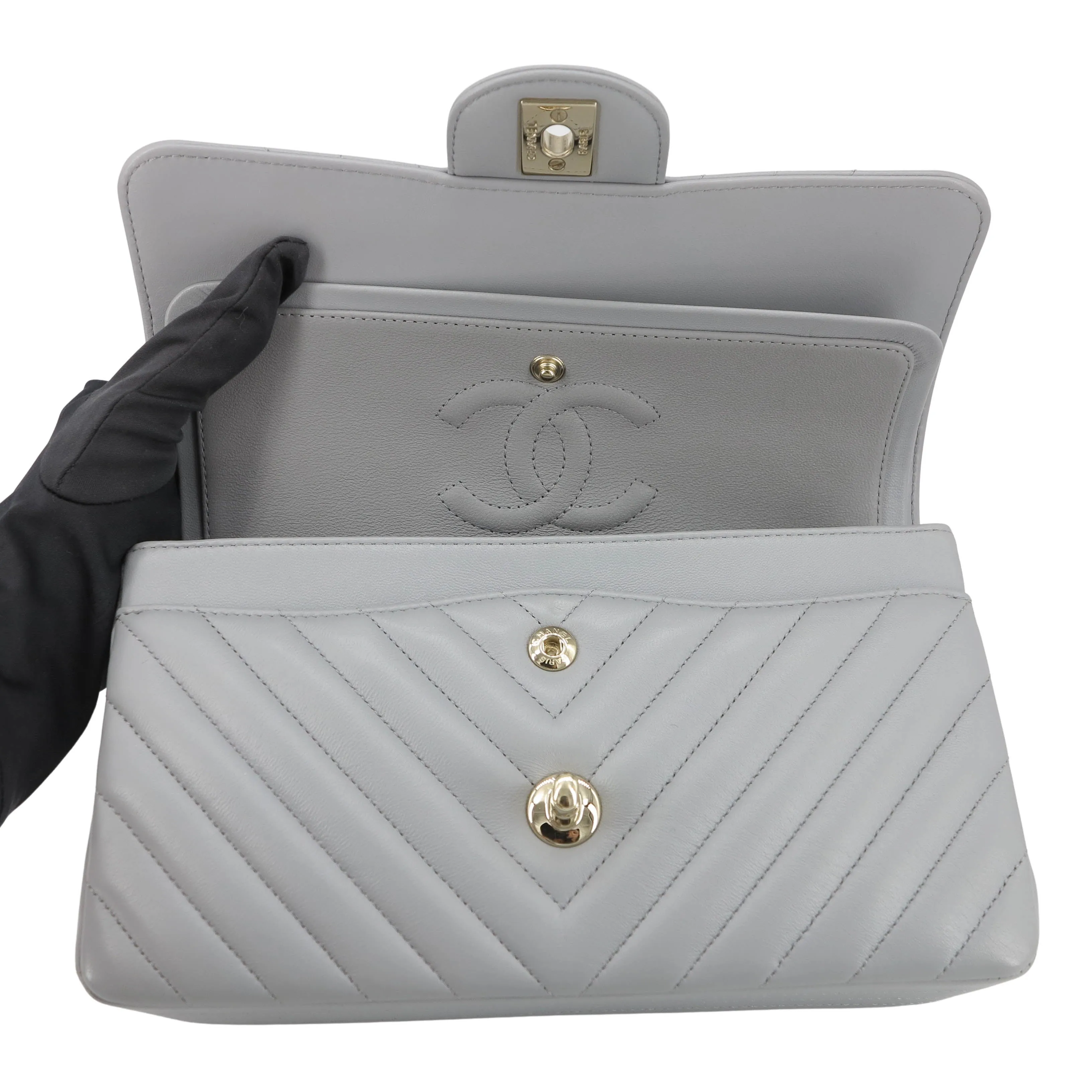 Small Chevron Classic Double Flap Bag in 20S Grey Lambskin