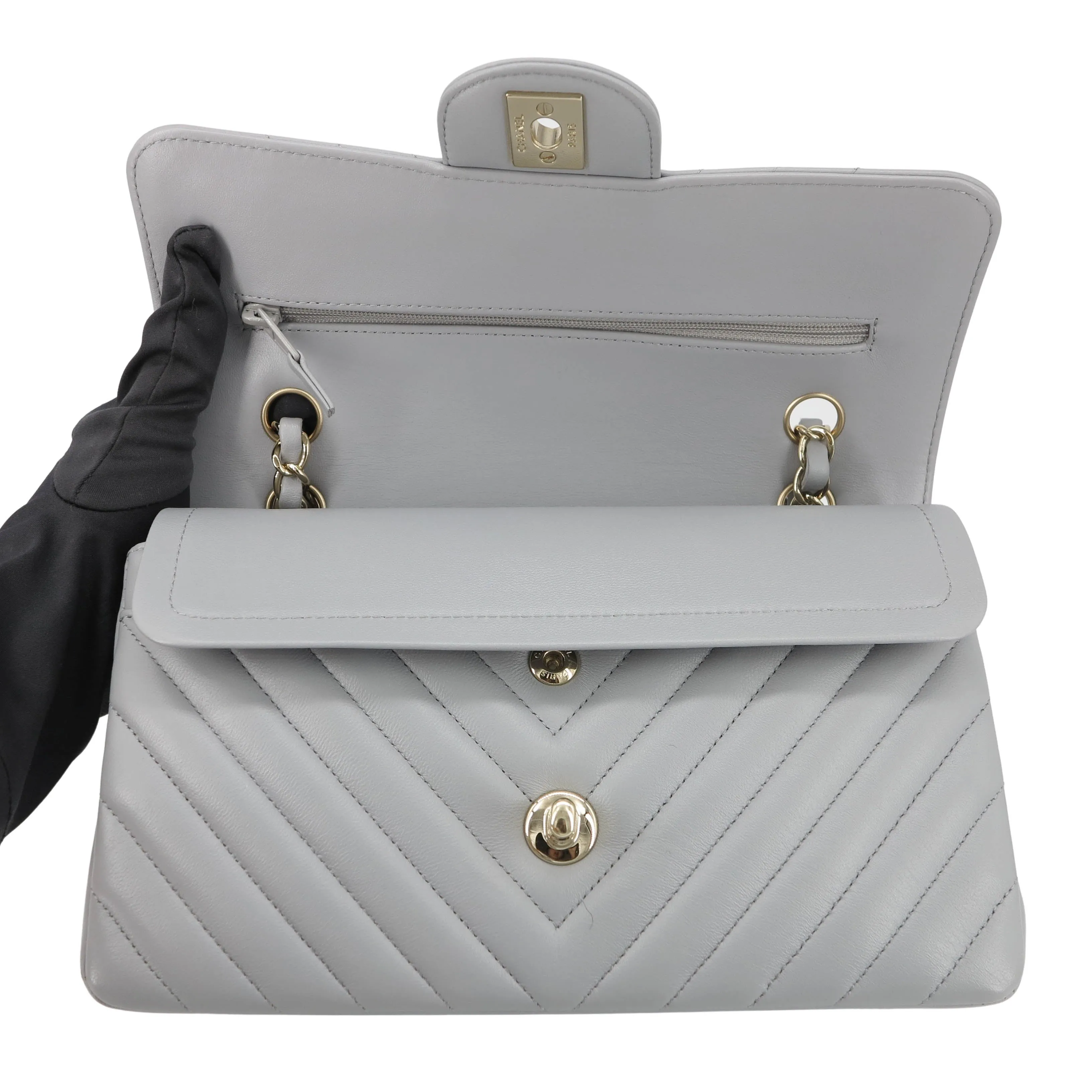 Small Chevron Classic Double Flap Bag in 20S Grey Lambskin