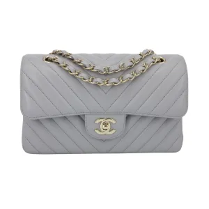 Small Chevron Classic Double Flap Bag in 20S Grey Lambskin