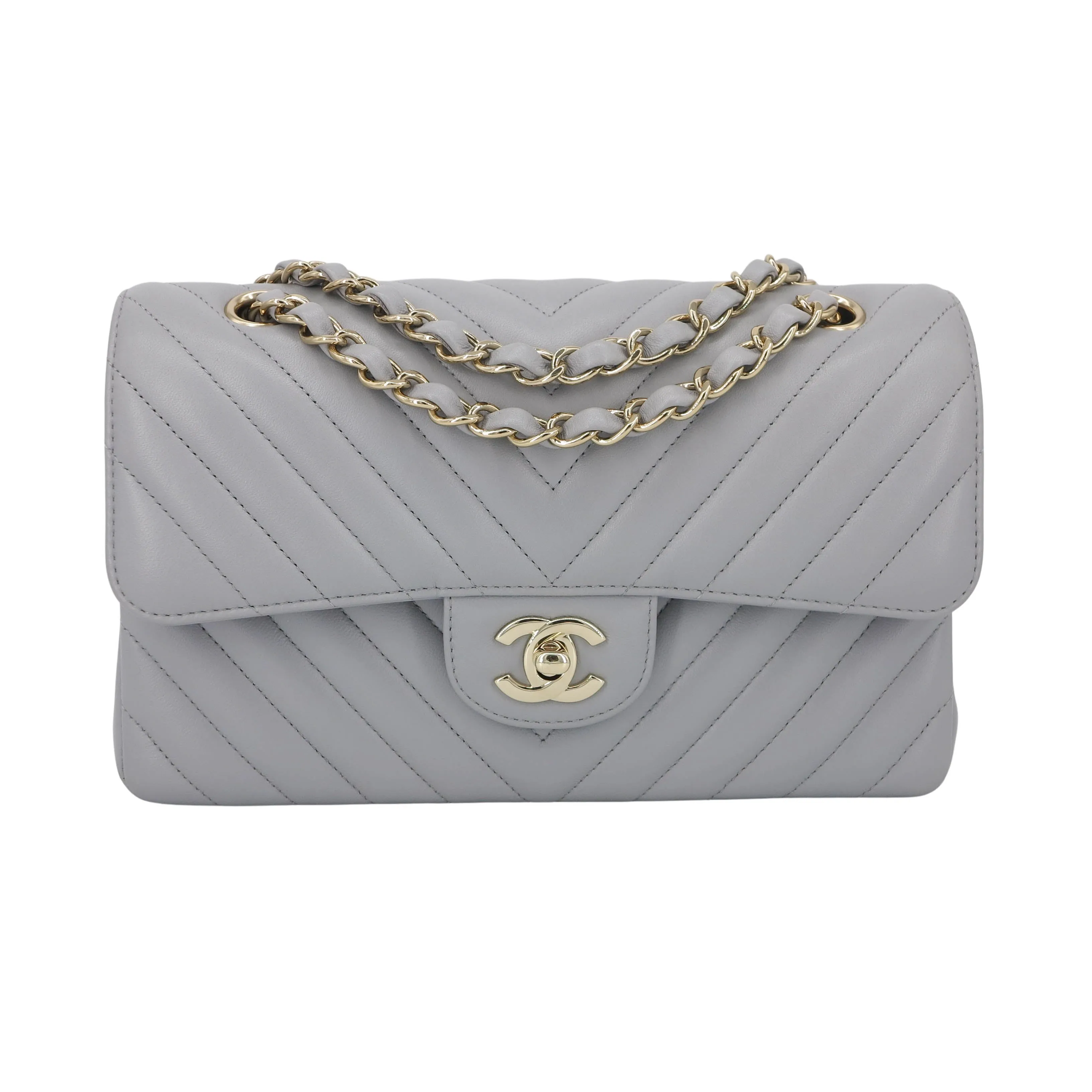 Small Chevron Classic Double Flap Bag in 20S Grey Lambskin