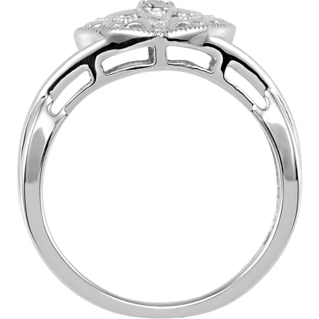 Sterling Silver Genuine Diamond Heart Crossed Band Filigree Ring