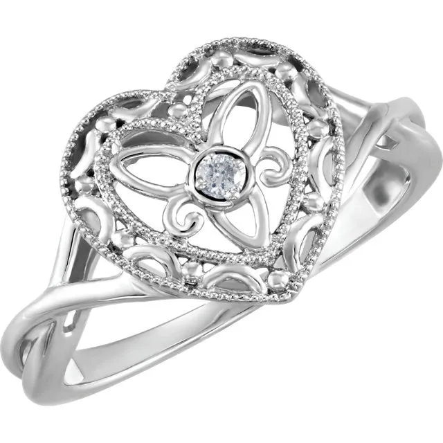 Sterling Silver Genuine Diamond Heart Crossed Band Filigree Ring